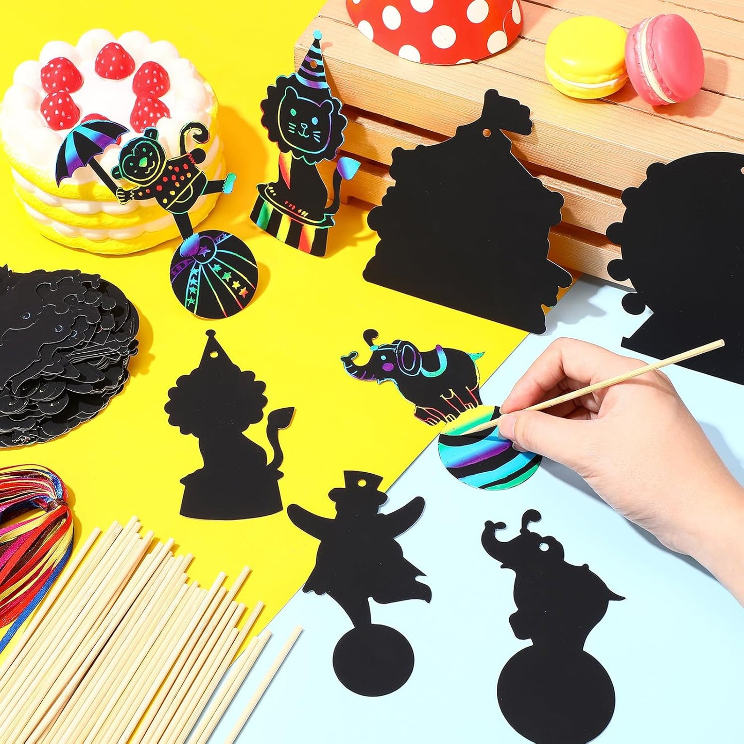 RoundFunny 80 Pcs Carnival Cutouts Scratch Cards Circus Theme Party Crafts Kids Colorful Circus Animals Scratch Paper for DIY with 80 Pcs Stick and Ribbon for Birthday Party Classroom Rewards Art
