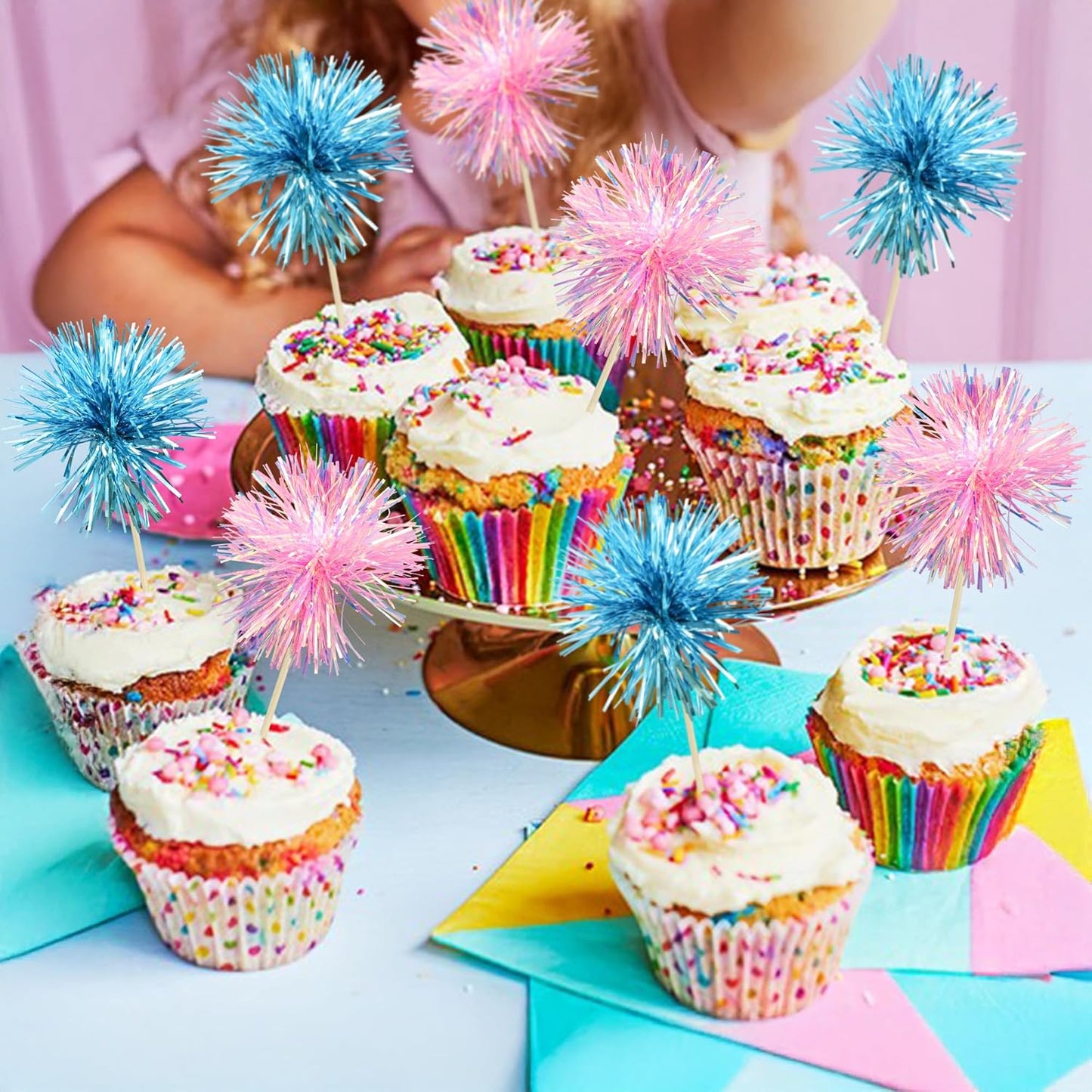 Ephlyn 30Pcs Foil Firework Cupcake Toppers Sparkle Tinsel Cupcake Picks Drink Stirrers Cocktail Food Fruit Toothpicks for Baby Shower Graduation Party Supplies White