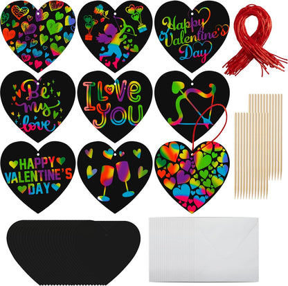 JOYIN 60 Packs Valentines Day Gifts Cards with Scratch Heart for Kids Magic Color Scratch Paper Heart Rainbow Cards for Valentine Crafts and Art Classroom Exchange, Party Favors