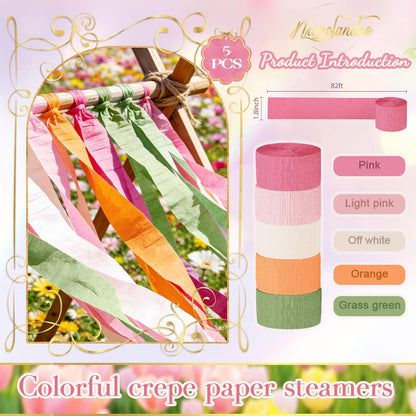 NICROLANDEE 5 Rolls Pastel Crepe Paper Streamers Backdrop Decorations for Easter Decorations, Birthday, Wedding, Garden Party, Bridal Shower, Baby Shower, Spring Home Decor