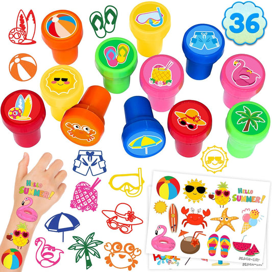 36PCS Beach Party Favors - 24PCS Temporary Tattoos & 12PCS Stamps - Ideal Summer Pool Themed Birthday Card Decorations Supplies Goodie Bag Baby Shower Kids Gifts