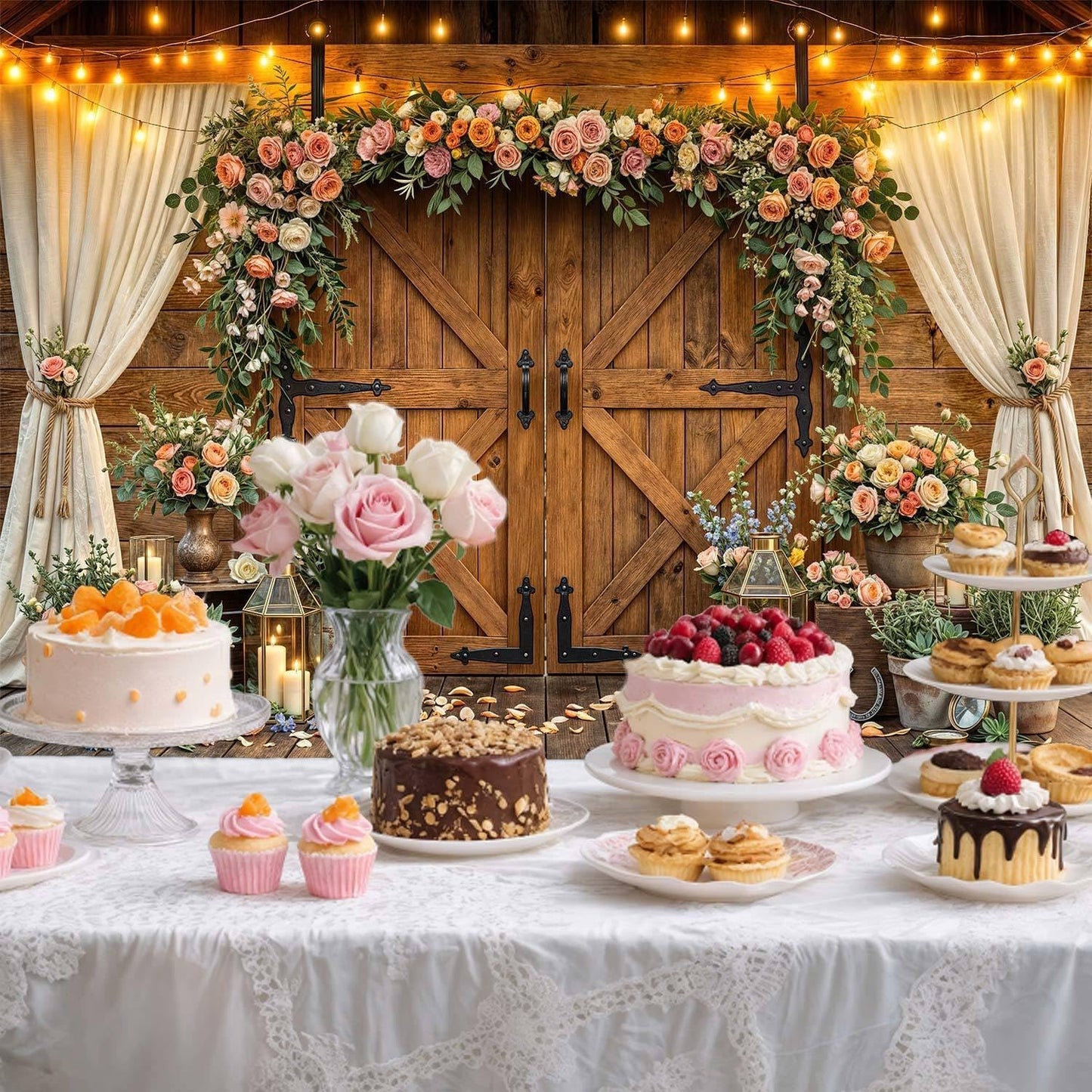 10x8ft Country Wedding Photography Backdrop Rustic Barn Door Photography Backdrop Farmhouse Pink Flower Cabin Wooden Birthday Baby Shower Wedding Bridal Party Banner Photo Booth Props Background