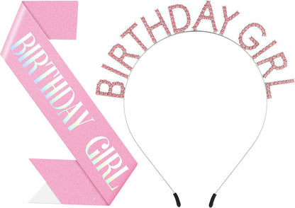 Birthday Headband with Sash for Women, Birthday Crwon Tiara for Decorations