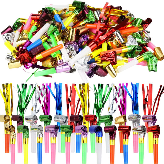 Weoxpr 30 Pieces Colorful Noisemakers Blowouts Horns, Glitter Metallic Fringed Whistles and Streamers,for Birthday Party Favors, Graduation,New Years Accessory, Sports,Mermaid Supplies (Pastel Colors)