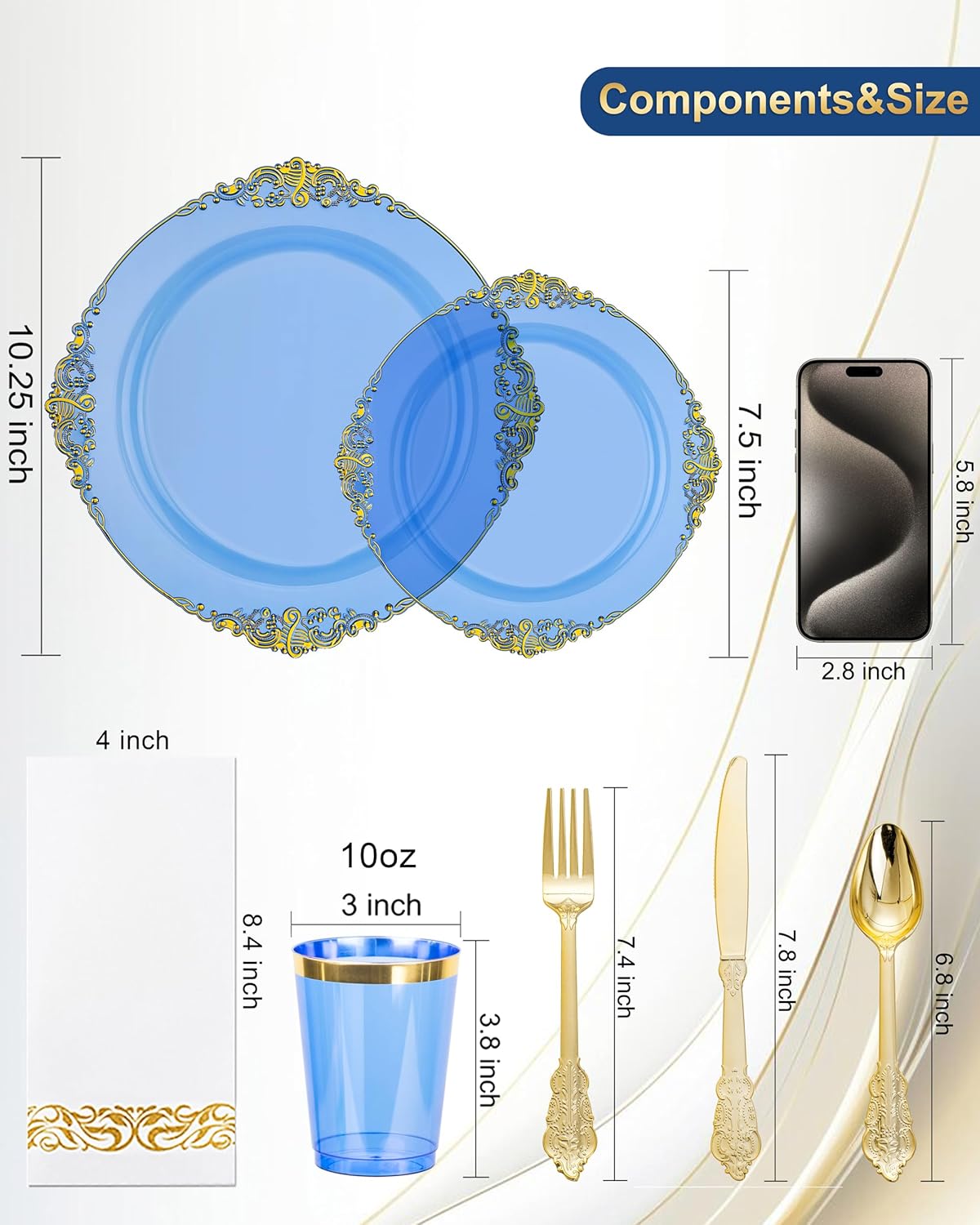 Nervure 350PCS Gold Plastic Plates - Gold Plastic Dinnerware Sets for 50 Guests - 100 Disposable Plates, 150 Silverware, 50 Cups, 50 Napkins for Wedding & Party & Mothers Day