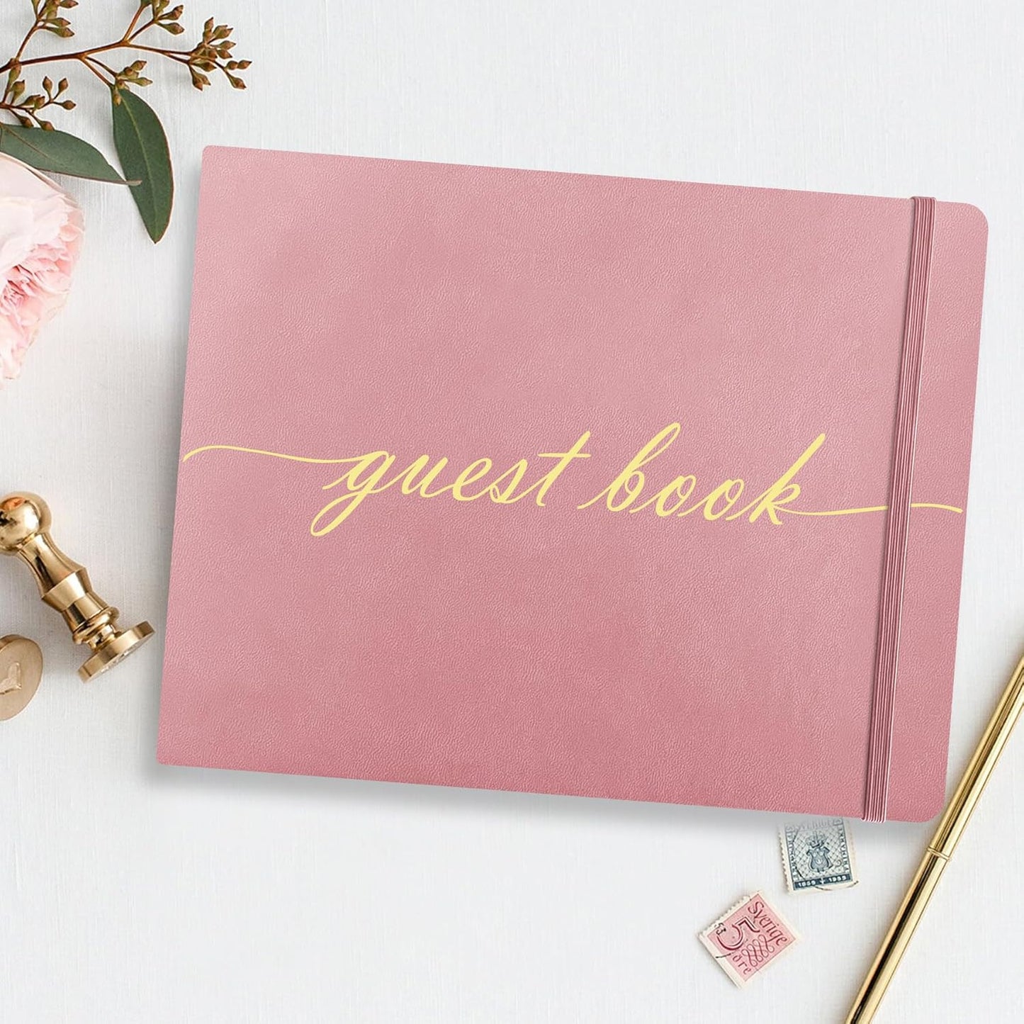Elegant Wedding Guest Book - Perfect for Wedding Receptions, Baby Showers, Birthdays and Special Events - 7" x 9" Sign in Book - 120 Lined Pages - Leather Hardcover - Pink