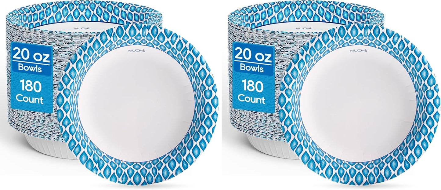 MUCHII 20 Oz Paper Bowls 180 Count Disposable Bowls, Printed Soak Proof Large Bowls for Breakfast, Lunch, and Dinner Meals