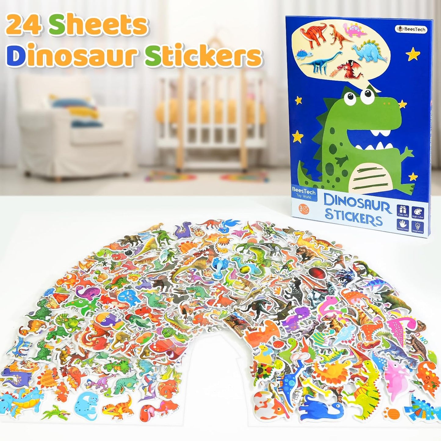 BEESTECH 24 Sheets Dinosaur Stickers 450+ for Kids Boys Girls Toddlers, Teacher Reward Stickers, Potty Chart Training, Dinosaur Party Favor Supplies, Goody Bag Stuffers，Pinata Filler