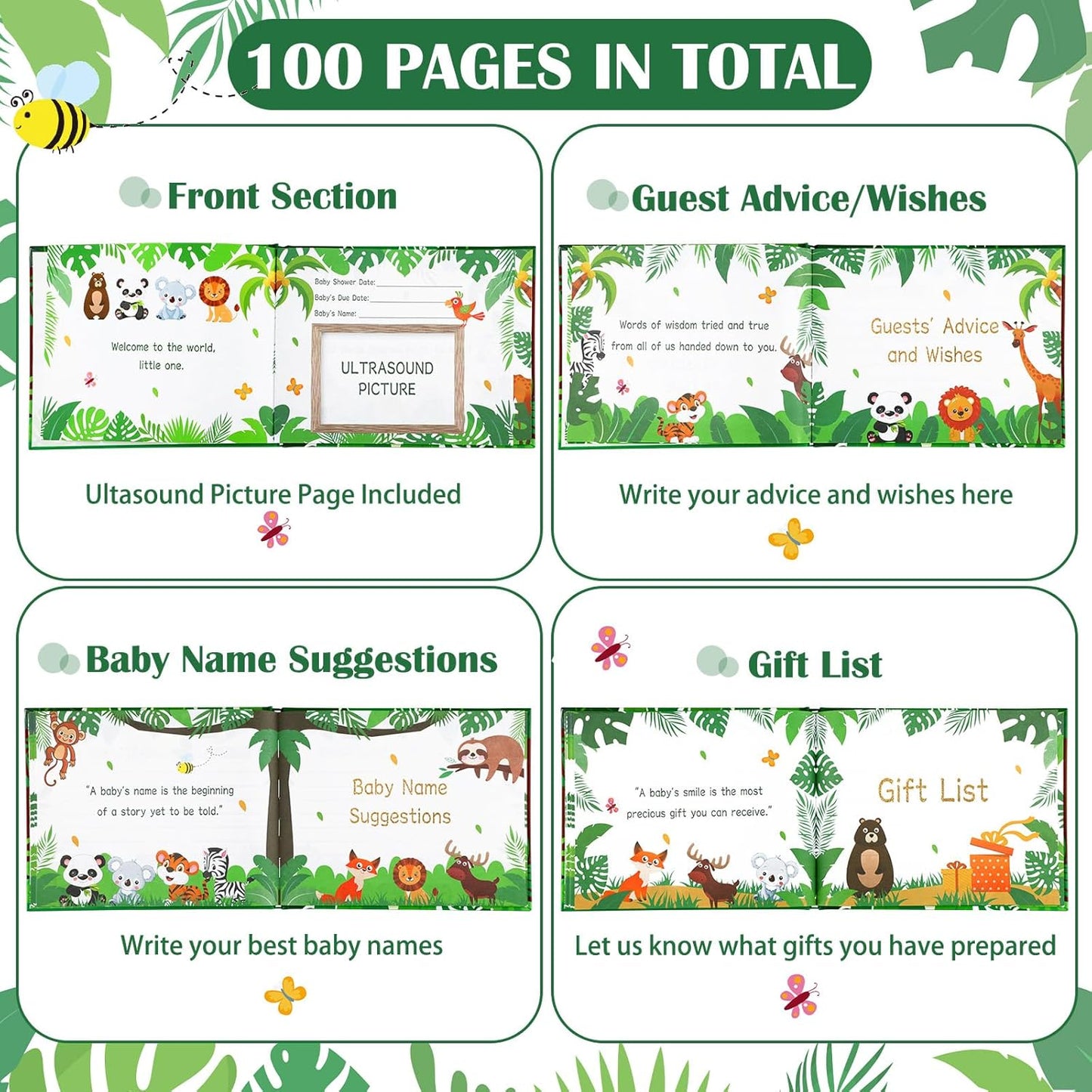 Fuyoooo 27 Pcs Safari Animal Baby Shower Guest Book Set Baby Shower Sign in Guest Floral Book Place Table Cards with Gold Pen Adhesive Photo Corner for Birthday Party