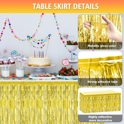 2 Pack 29.5x108 Inch Silver Foil Tinsel Fringe Table Skirts, Disposable Table Skirts for Rectangle Tables Curtains Backdrop Parade Wedding Floats Baby Shower Birthday Mardi Gras Party