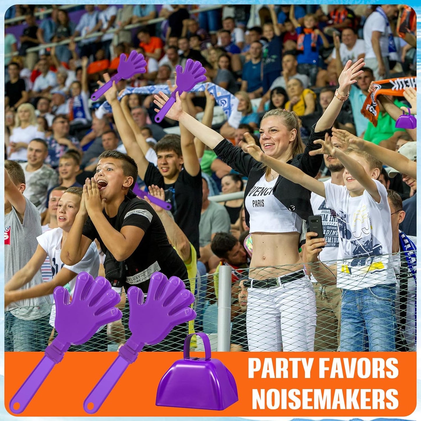 24 Pcs Hand Clappers and Metal Cowbells Noise Makers Cheering Clappers Cow Bells Handle Cheers Dance Basketball Football Noise Makers Sporting Events Graduation School Sports Party (Purple)