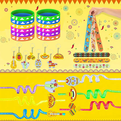 Mexican Fiesta Party Favor 122 PCS Mexican Themed 12 Slap Bracelets 12 Silicone Bracelets 50 Stickers 12 glitter drinking straws 12 Fiesta Keychains 12 Candy Bags 12 Bubble Wands for Mexican Party