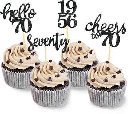 24 Pcs Glitter 70th Birthday Cupcake Toppers for Celebrating 70th Birthday Party Decorations for Seventy Years Old Birthday Party Supplies (Rose Gold2)