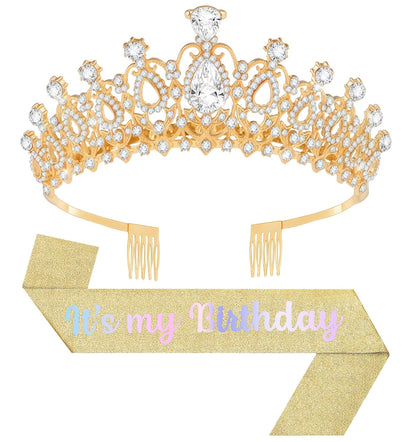Birthday Tiara and Crown with Sash, Birthday Tiara for Women Party Silver