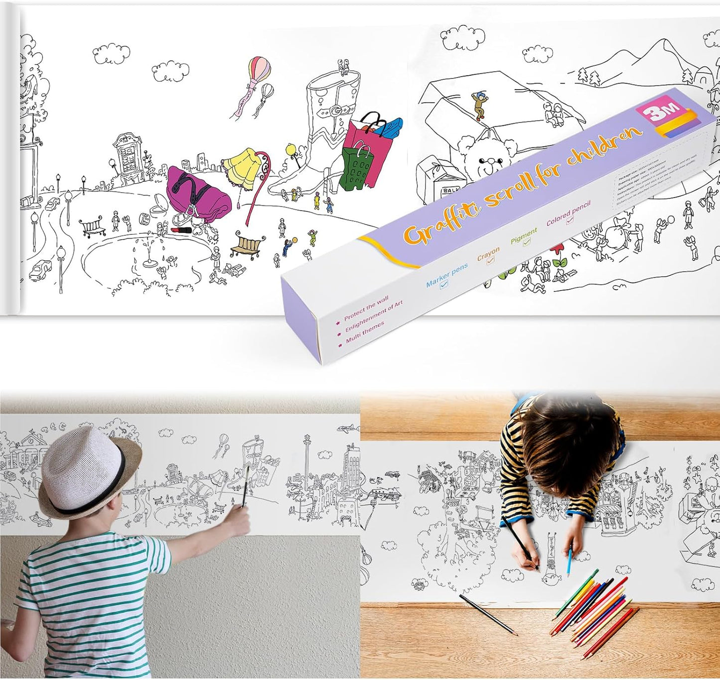 2PCS Children's Drawing Roll, Coloring Paper Roll for Kids Gift, 120 * 11.8 Inches DIY Painting Drawing Paper Roll, Sticky Drawing Paper Roll, Early Educational Toys for Kids (Animal World)