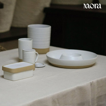 Mora Ceramic Chips and Dip Serving Tray: Large Divided Party Bowl Set for Chips & Salsa, Veggies & Dip, Fruit, Snacks, Entertaining, Hosting, etc. Minimalist Design for the Modern Hostess - White