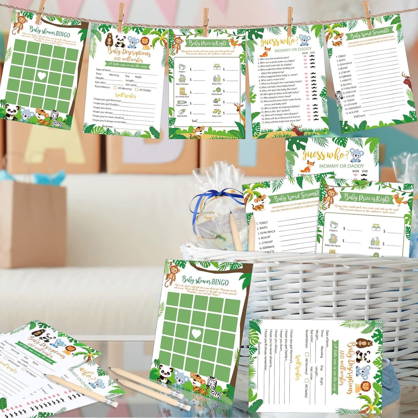 Yinder 145 Pcs Baby Shower Games Activities Cards with 20 Pencils Includes Baby Bingo Description and Wishes Guess Who Price is Right Word Scramble Game(Here Comes the Son)