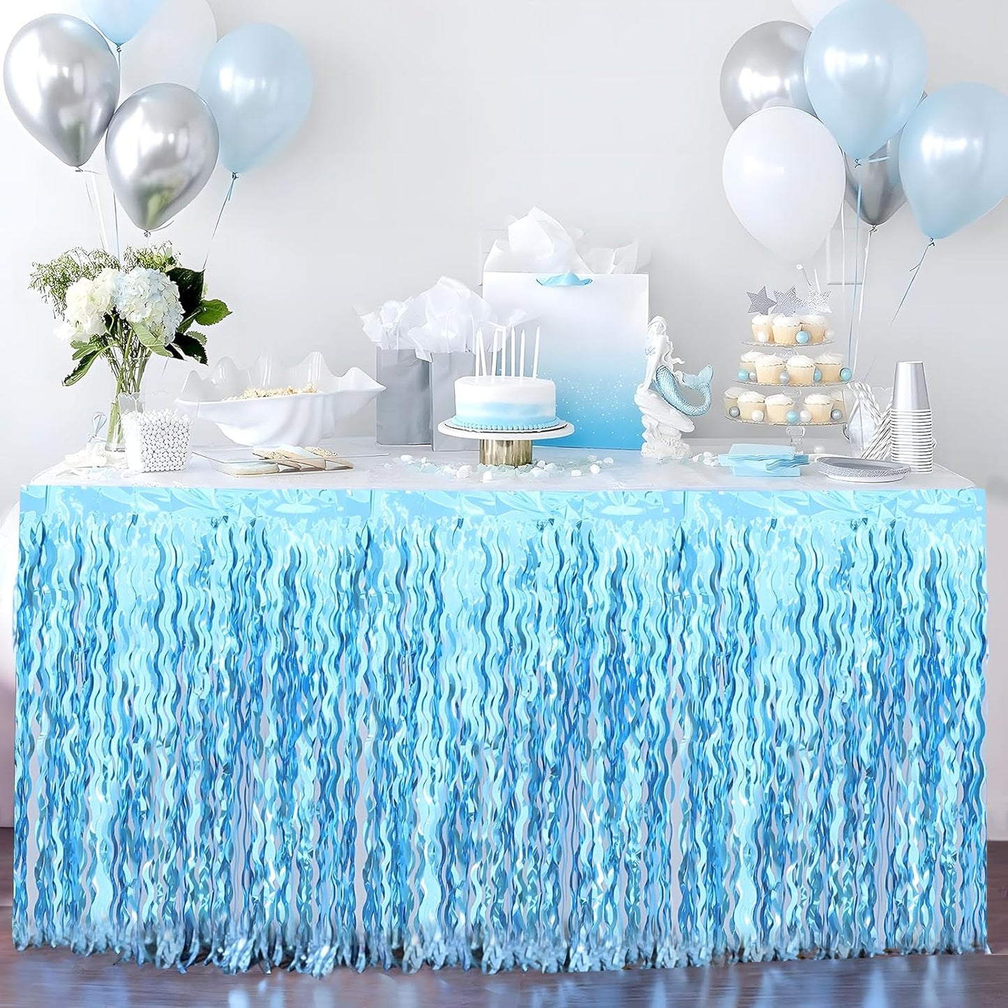 2 Pack Teal Blue Shiny Wavy Tinsel Foil Fringe Table Skirts Table Decorations for Mermaid Birthday Decorations,Under The Sea Party Decorations,Baby Shark Birthday Decorations