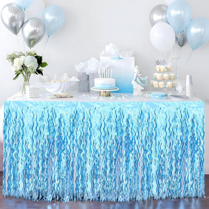 2 Pack Teal Blue Shiny Wavy Tinsel Foil Fringe Table Skirts Table Decorations for Mermaid Birthday Decorations,Under The Sea Party Decorations,Baby Shark Birthday Decorations