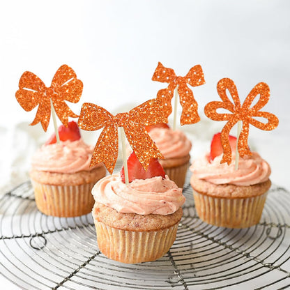 Ephlyn 24Pcs Pink Bow Cupcake Toppers Bow Birthday Cake Topper Girls Birthday Party Decorations Bowknot Cupcake Decorations for Bridal Wedding Themed Party Multi