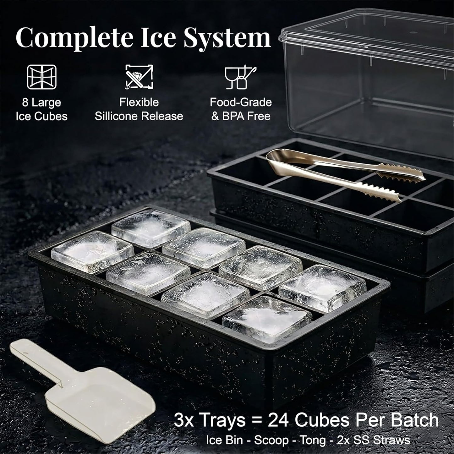 56pcs Ice Cube Tray with Lid and Bin – Stackable 4 Trays Plastic Silicone Freezer Mold, Large Ice Bucket with Scoop, Tong & 2 SS Straws – Easy Release Ice Maker for Cocktail, Coffee, RV, Whiskey