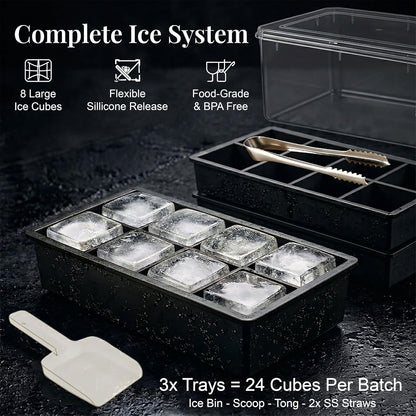 56pcs Ice Cube Tray with Lid and Bin – Stackable 4 Trays Plastic Silicone Freezer Mold, Large Ice Bucket with Scoop, Tong & 2 SS Straws – Easy Release Ice Maker for Cocktail, Coffee, RV, Whiskey