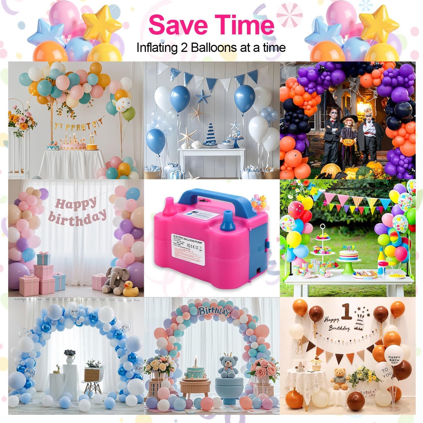 QIPUMP Balloon Pump Electric,110V 600W Balloon Blower Inflator Dual Nozzle Air Pump Balloons Inflator for Decoration, Party, Sport,Gifts:2 Balloon Tying Tools