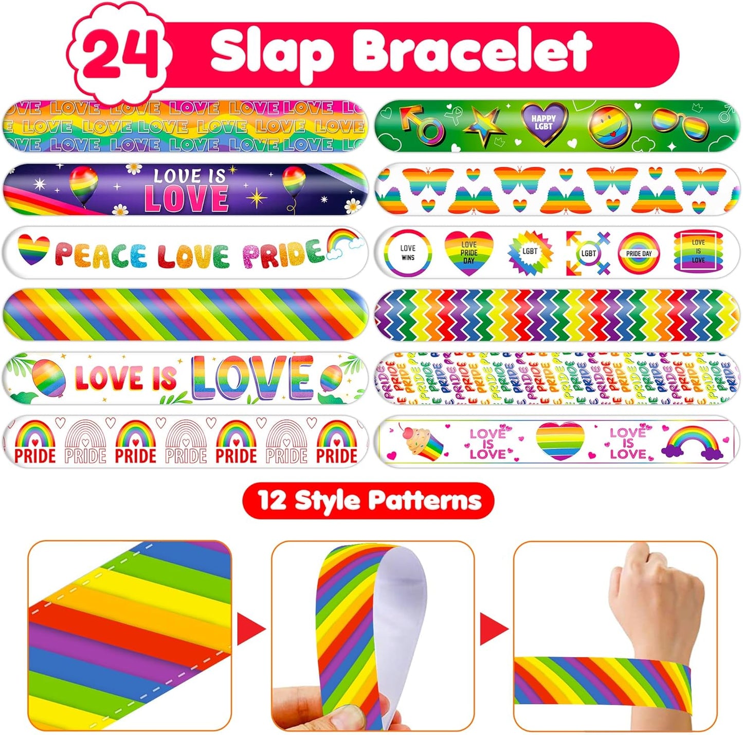 48PCS Pride Party Set - 24PCS Rainbow Temporary Tattoos & 24PCS Slap Bracelets-LGBTQ+Celebration Supplies, Birthday Gifts, Baby Shower Favors, Classroom Rewards,Party Decor for Kids (Boys & Girls)