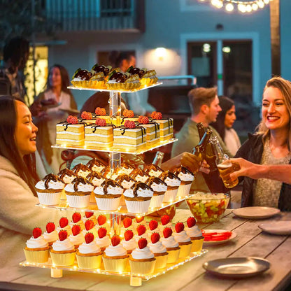 YestBuy Cupcake Stand with Yellow Led Lights, 4 Tier Cupcake Stand for 50 Cupcakes, Acrylic Cupcake Tower Stand, Clear Tiered Cupcake Holder for Birthday Cady Bar Décor Weddings, Parties Events