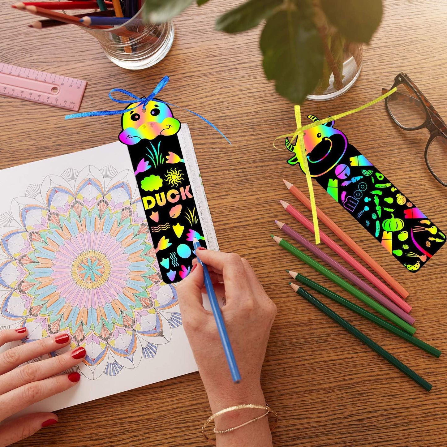 Blulu 100 Pieces 20 Styles Scratch Art Bookmarks for Kids Scratch DIY Bookmark Crafts with 100 Pcs Ropes 20 Pcs Wood Stylus End of Year Gift for Students Boys Girls Classroom