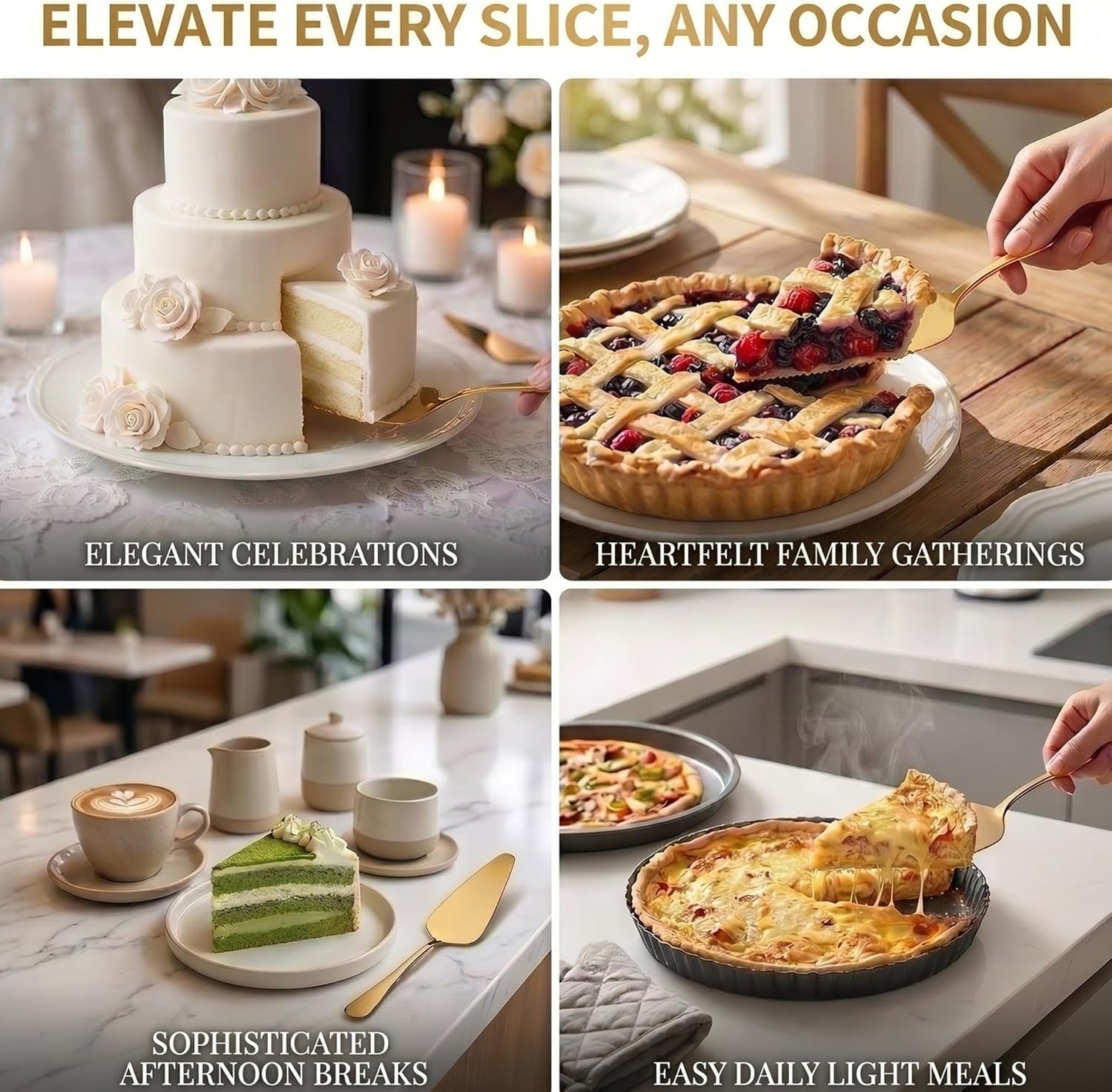 Gold Cake Knife and Server Set of 2, 9" Stainless Steel Serrated Cake Cutter and Spatula for Cutting & Serving Wedding Cake, Dessert, Pie, Pizza - Dishwasher Safe Cake Cutting Set