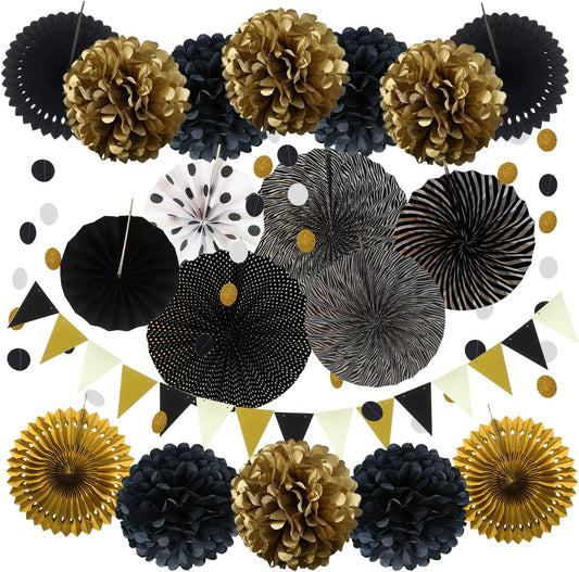 ZERODECO Party Decoration, 21 Pcs Multi-color Hanging Paper Fans, Pom Poms Flowers, Garlands String Polka Dot and Triangle Bunting Flags for Birthday Parties, Wedding Décor, Fiesta or Mexican Party