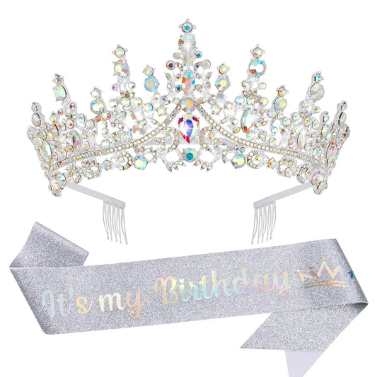 VELSCRUN Purple Crystal Birthday Tiara Crowns for Women Girls It's My Birthday Sash Queen Girls Princess Crown with Combs Happy Birth Party Decorations Mom Sisters Birth Gift Hair Accessories