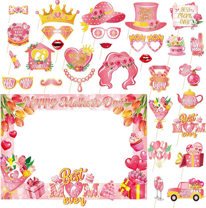Happy Mother's Day Photo Booth Props and Selfie Frame Set, 30Pcs Best Mom Ever Party Photo Props with 1Pc Selfie Frame for Mother's Day Decoration Mom's Birthday Party Supplies Gifts