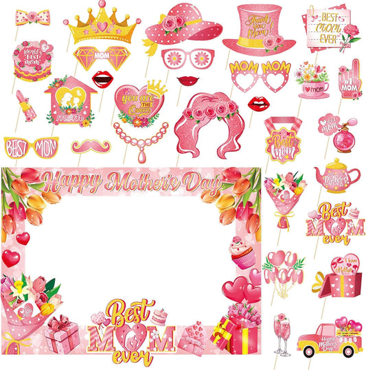Happy Mother's Day Photo Booth Props and Selfie Frame Set, 30Pcs Best Mom Ever Party Photo Props with 1Pc Selfie Frame for Mother's Day Decoration Mom's Birthday Party Supplies Gifts