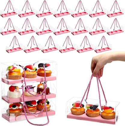 Thenshop 20 Pcs 9 x 3 x 3 Inch Clear Cupcake Boxes with Handle and Inserts 3 Count Portable Pastry Packaging for Cupcakes Carrier Muffin Bakery Containers Mothers Day Wedding Party(Brown)