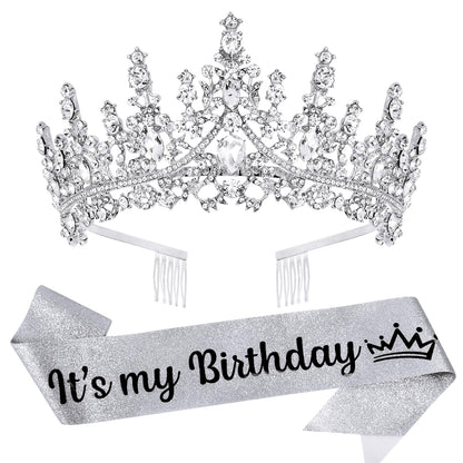 VELSCRUN Purple Crystal Birthday Tiara Crowns for Women Girls It's My Birthday Sash Queen Girls Princess Crown with Combs Happy Birth Party Decorations Mom Sisters Birth Gift Hair Accessories
