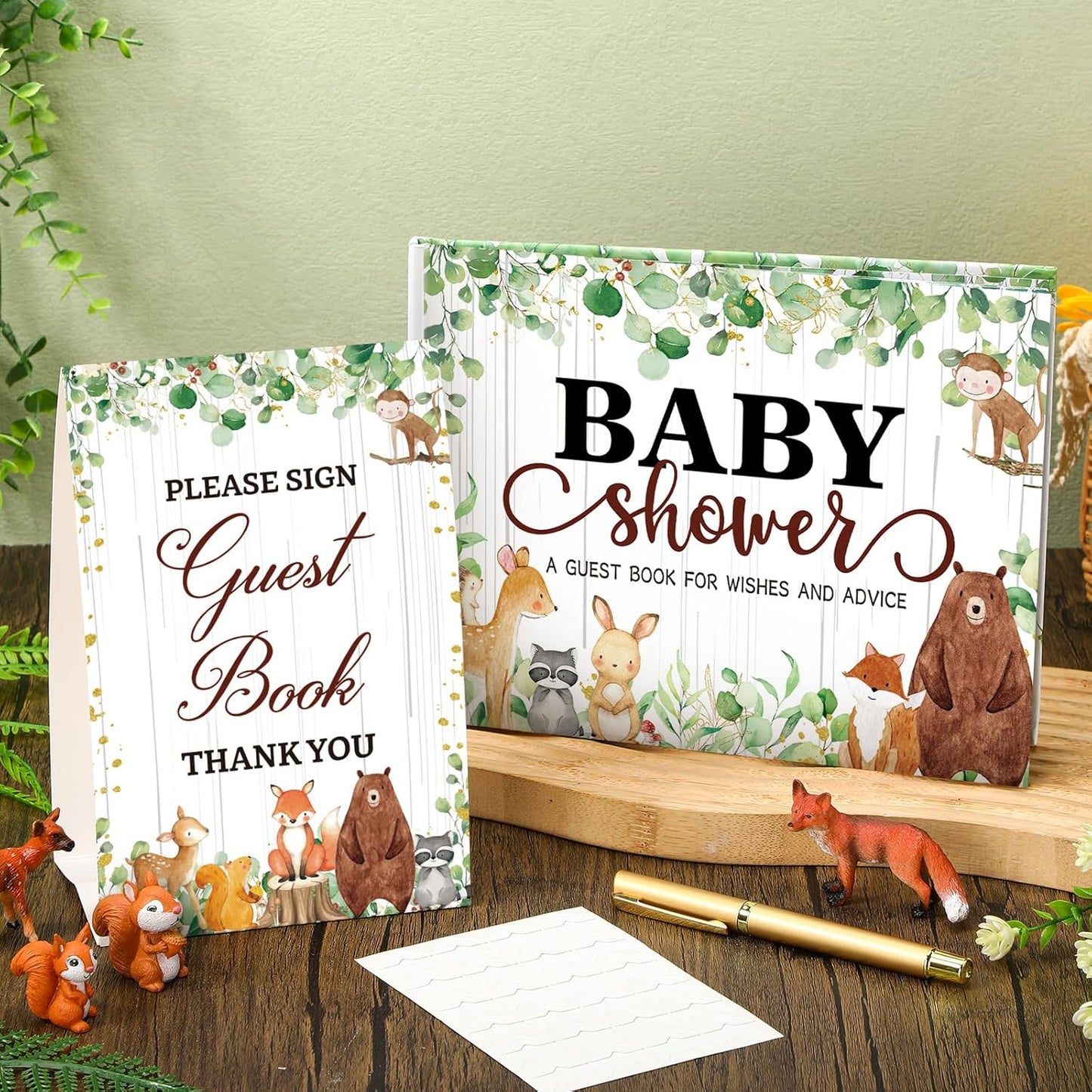 Fuyoooo 27 Pcs Safari Animal Baby Shower Guest Book Set Baby Shower Sign in Guest Floral Book Place Table Cards with Gold Pen Adhesive Photo Corner for Birthday Party