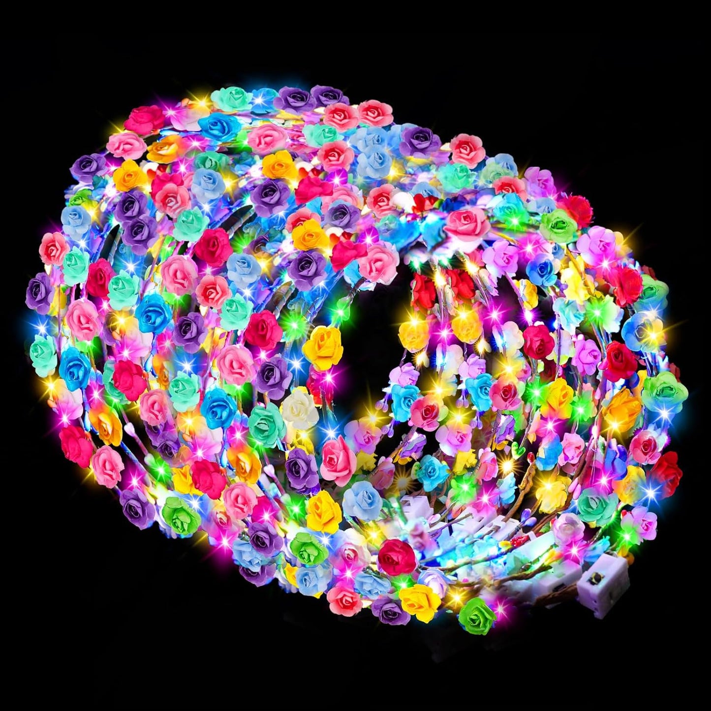 HONLYNE 24 PCS LED Flower Crowns Headbands, Light Up Flower Crowns for Women & Girls, Glow in The Dark Flower Hairbands Wreath for Wedding Beach Party Birthday Cosplay Gifts, Halloween, Christmas