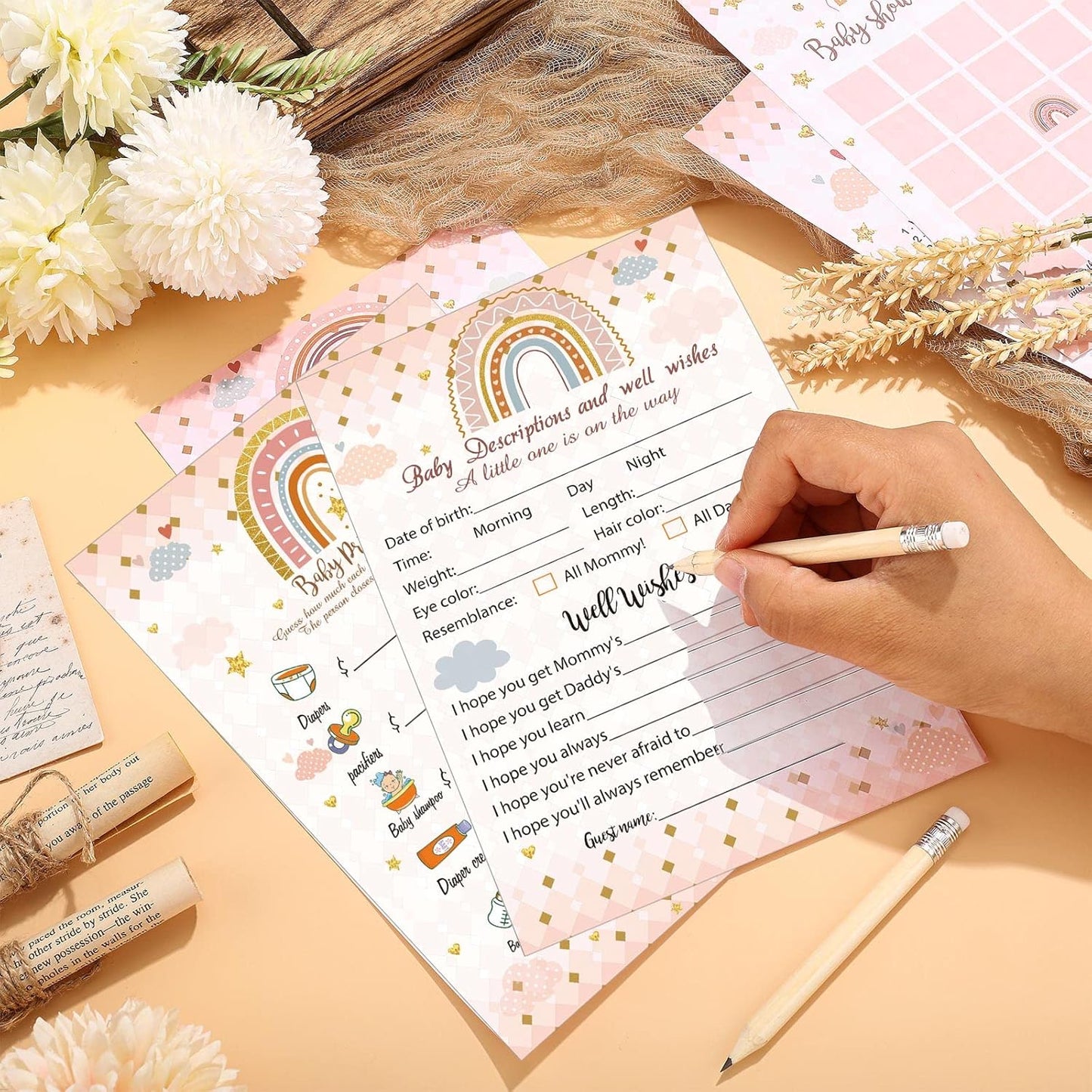 Yinder 145 Pcs Baby Shower Games Activities Cards with 20 Pencils Includes Baby Bingo Description and Wishes Guess Who Price is Right Word Scramble Game(Here Comes the Son)