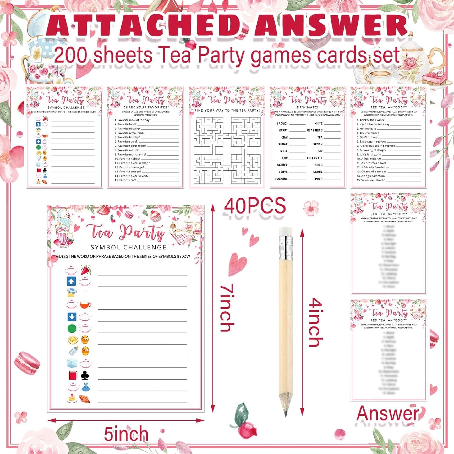 Fullhawl 202 Pcs Tea Party Games 40 Players Floral Tea Party Cards Garden Tea Party Games for School Party, Birthday, Bridal Shower, Garden Tea Party, Family Activities Party, Group Activity