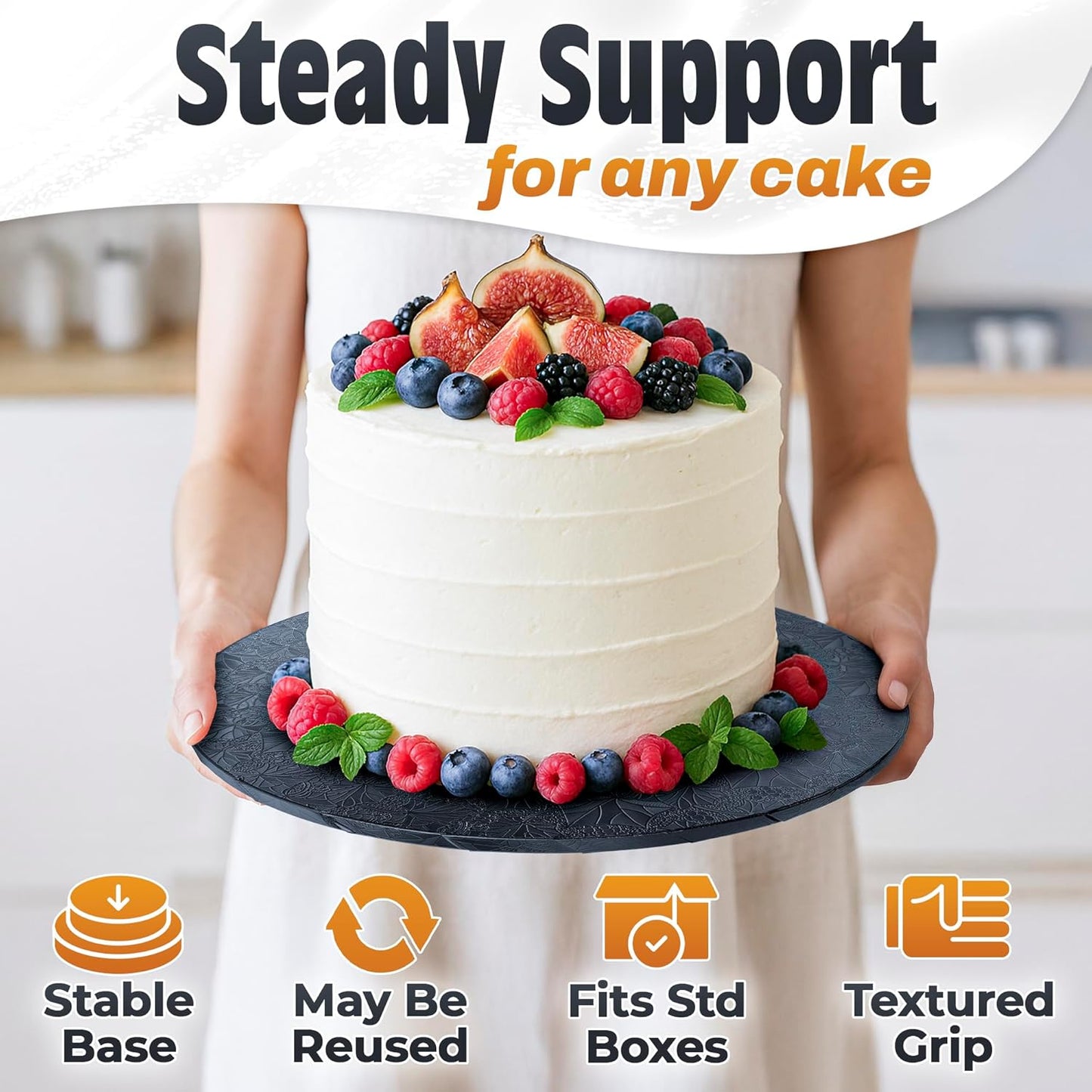 12 Inch Cake Drum, Black Cake Board for Picture-Ready Celebration Cakes, 1/2 Inch Thick Round Cardboard Base with Grease & Moisture Resistant Surface and Decorative Pattern for Parties and Weddings