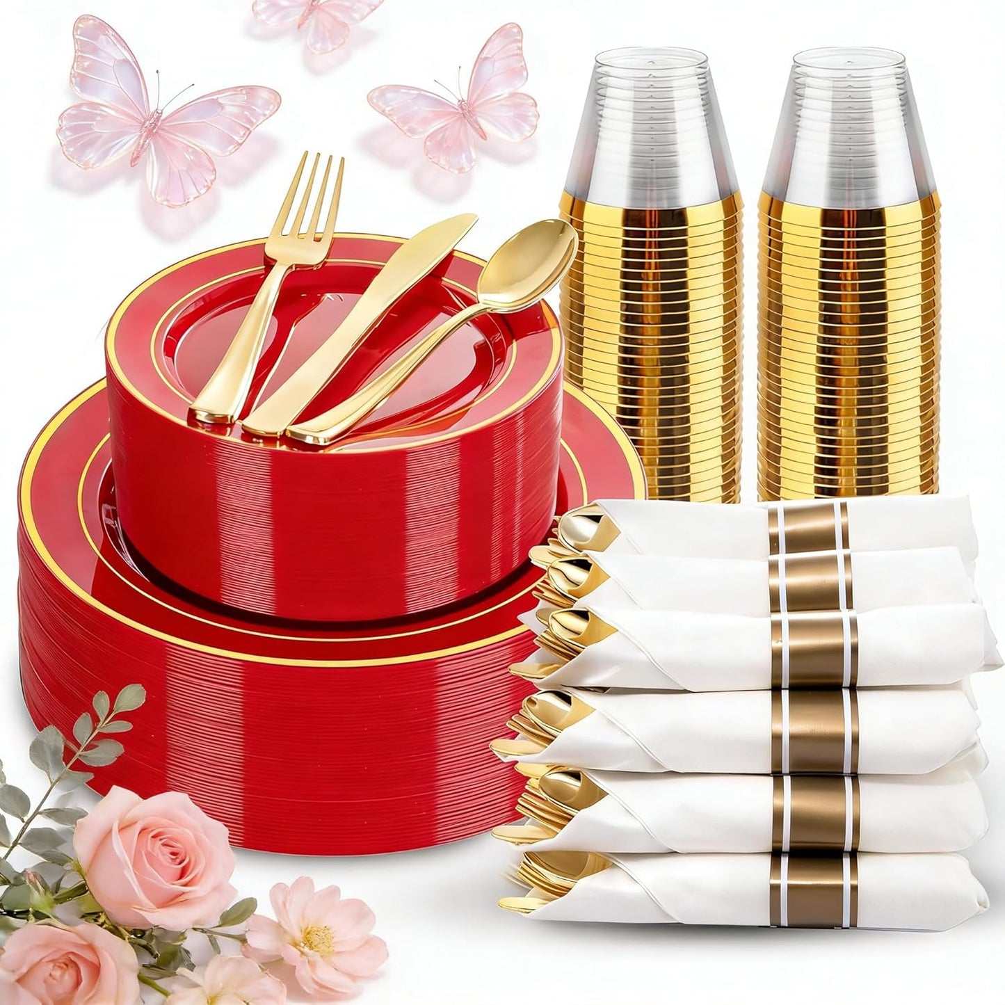 350 Pieces Black and Gold Plastic Plates with Disposable Silverware, Include 50 Dinner Plates 9”, 50 Dessert Plates 6.3”, 50 Black Cups 9 OZ, 50 Pre Rolled Napkins for Wedding Party Graduation