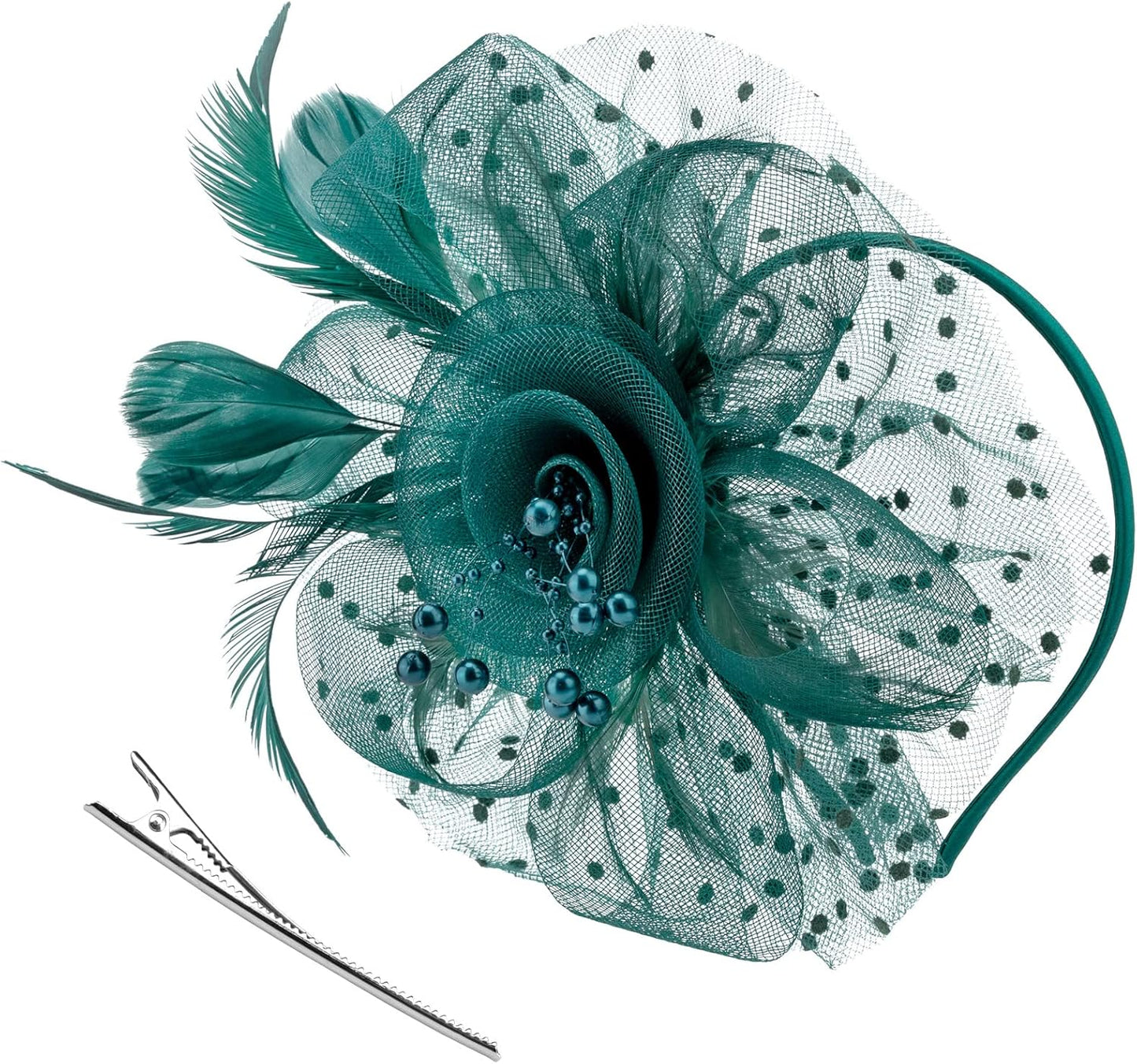 DRESHOW Fascinators Hat Flower Mesh Ribbons Feathers on a Headband and a Clip Tea Party Headwear for Girls and Women - Colors A