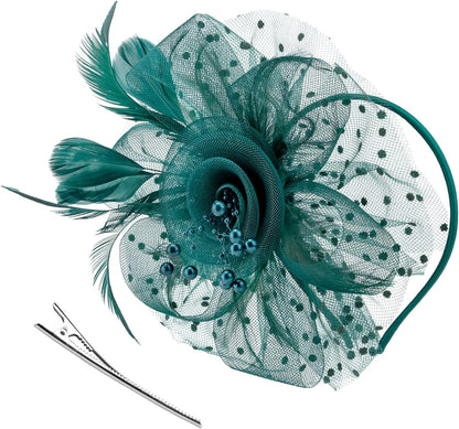 DRESHOW Fascinators Hat Flower Mesh Ribbons Feathers on a Headband and a Clip Tea Party Headwear for Girls and Women - Colors A