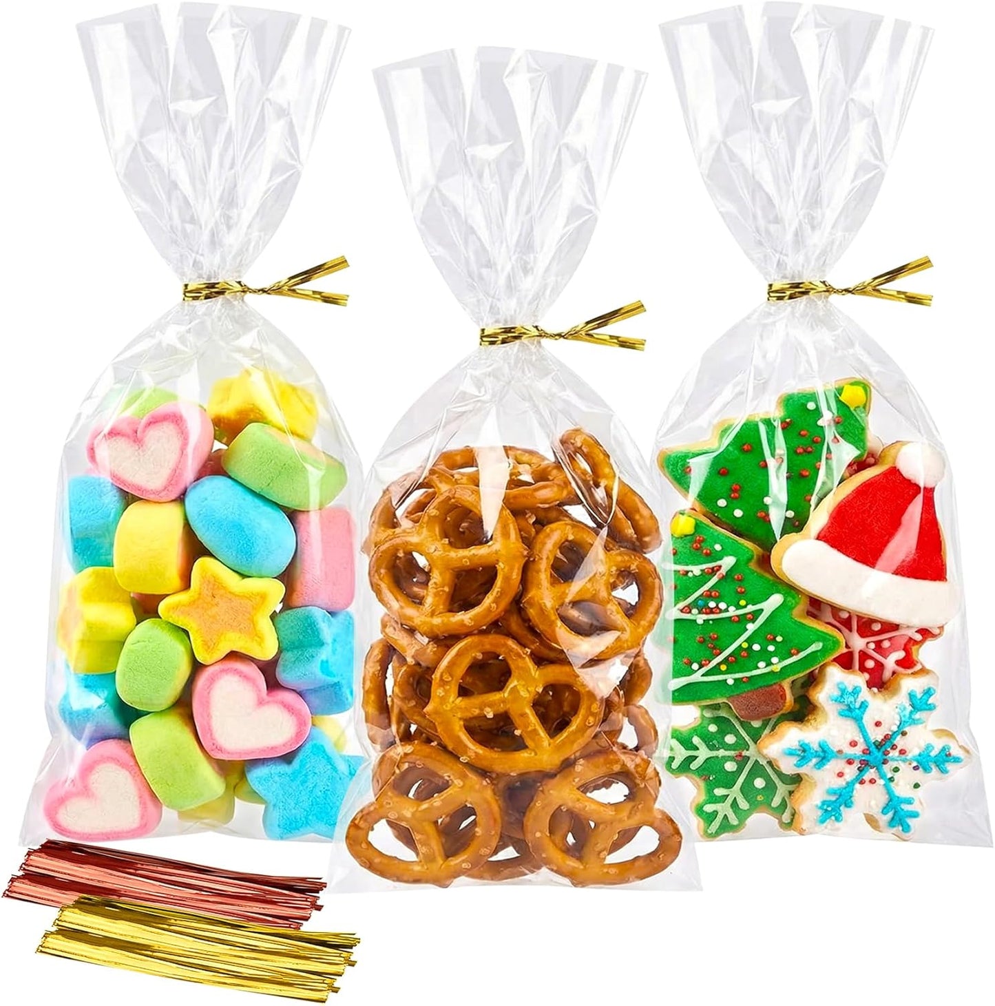 Cello Cellophane Treat Bags,5x7 Inches Clear Cellophane Bags 200 Pcs OPP Plastic Treat Bags with 200 Twist Ties for Gift Wrapping,Packaging Candies,Dessert,Bakery, Cookies, Chocolate,Party Favor