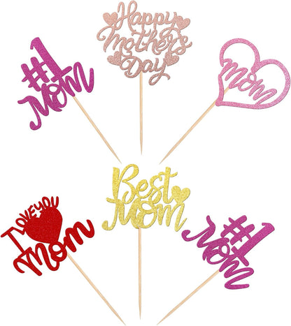 24 PCS Happy Mother's Day Cupcake Toppers with Glitter Heart Love Mother Best Mom Cupcake Picks for Happy Mother's Day Theme Women Birthday Party Cake Decorations Supplies Rose Gold