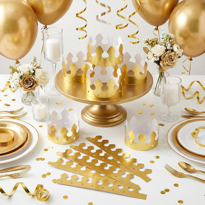 100 Pcs Paper Crowns, Birthday Gold Crown Foldable & Adjustable Paper King Crown, Crowns Bulk for Adults Birthday Party Hats for Celebration Photo Props Wedding Anniversary Supplies (Classic Style)