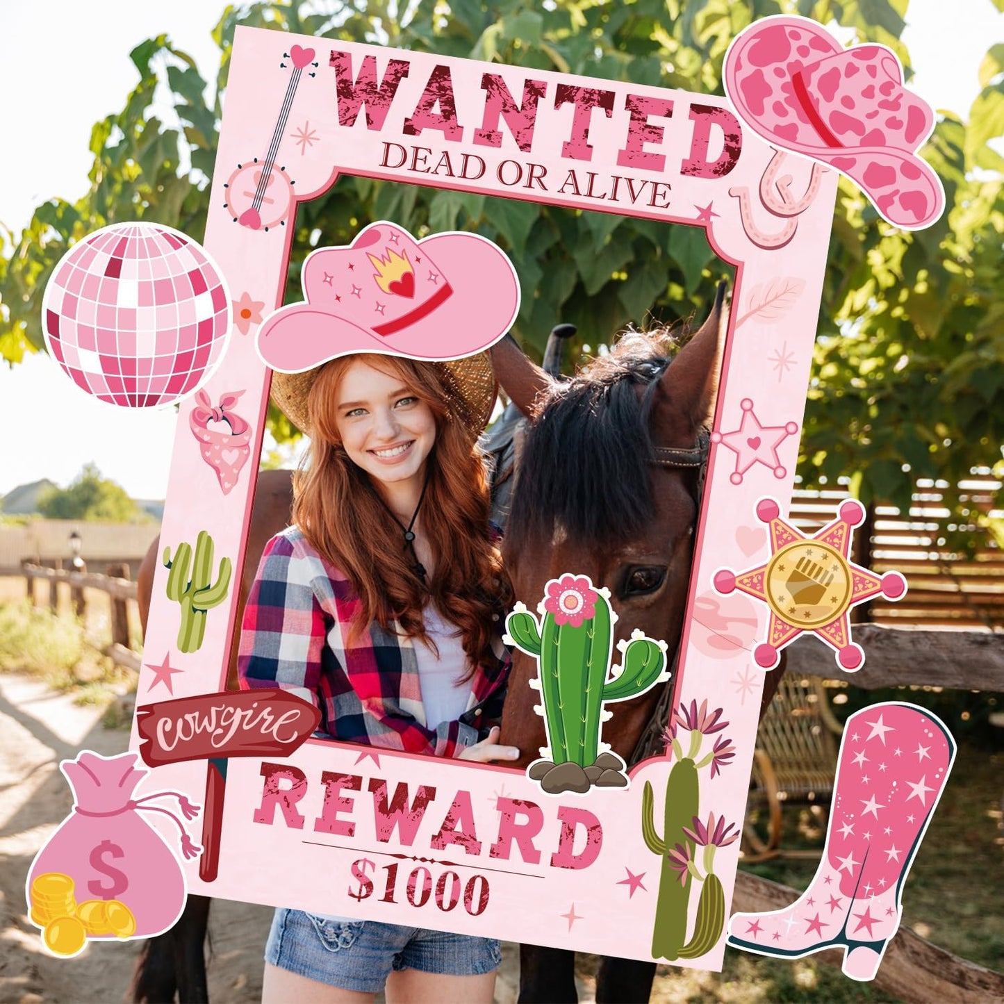 Wanted Poster Photo Prop Western Photo Booth Prop Selfie Frame Poster Banner Backdrop Wanted Sign for Cowgirl Last Disco Decoration Rustic Birthday Let's Go Girls Party Supplies