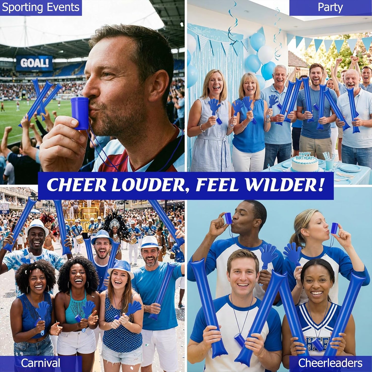 48 Pcs Cheering Noisemakers Set Included 12 Pcs Mini Air Horns Noisemakers 12 Hand Clappers 24 Thunder Sticks for Birthdays Sporting Events (Horn,Blue)